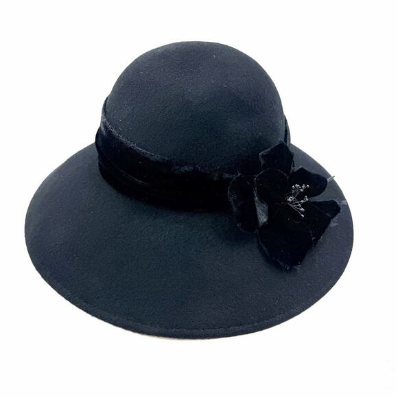 Vintage Importina Black Wide Brim Cloche Hat Flower Detail - 100% Wool main image 7